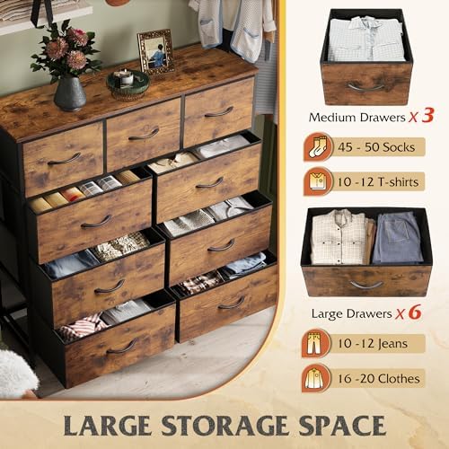 WLIVE 9-Drawer Dresser, Fabric Storage Tower for Bedroom, Hallway, Entryway, Closet, Tall Chest Organizer Unit with Fabric Bins, Steel Frame, Wood Top, Easy Pull Handle, Rustic Brown Wood Grain Print - color: Rustic Brown Wood Grain Print