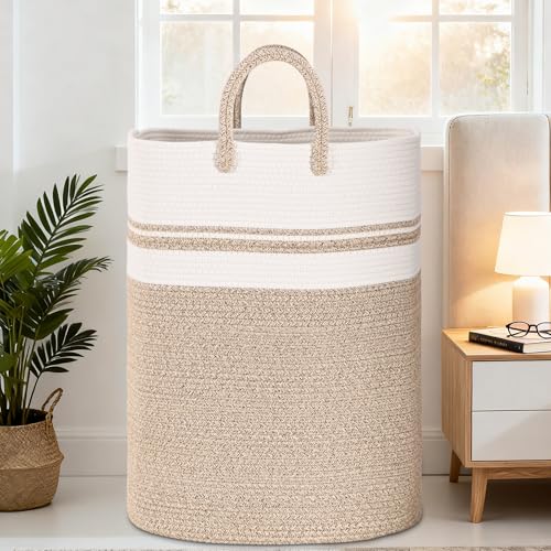 Woven Laundry Basket for Clothes, 80 L Large Rectangle Laundry Hampers with Beads Tassel, Nursery Storage Basket for Toys, Tall Dirty Clothes Hamper for Bedroom Aesthetic, Laundry Room Organization - color: Brown&White, size: 80L
