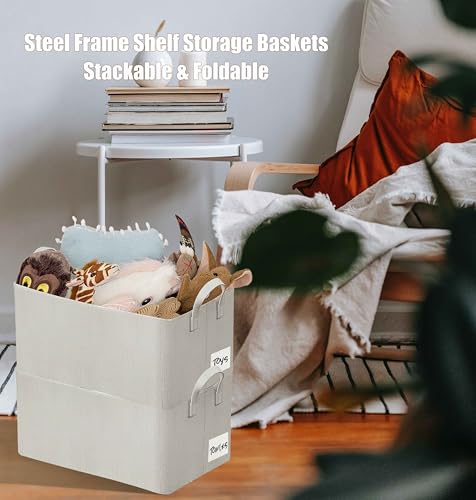 AARAINBOW 4 Pcs Closet Clothes Organizer with Handle, Fabric Storage Box with Steel Frame Stackable Shelf Storage Bins Foldable Fabric Storage Baskets for Organizing Sweater Pants, 23L (B 4 White) - color: B 4 White