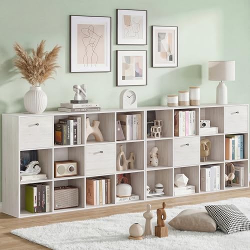 12 Cube Storage Organizer, White Bookshelf with 2 Fabric Drawers, Bookcase with Open Shelf, Set of 2 Cuby Organizers for Bedroom Living Room Office, Freestanding Storage Shelf, Book Case - color: Washed White, size: 12 Cube (2PC)