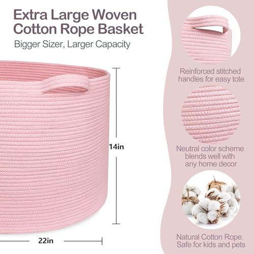 MEGASKET Extra Large Pink Basket, 22"x22"x14" Woven Cotton Rope Bin with Handles, Blanket Storage for Living Room, Baby Kids Toy Storage Bin Box, Wicker Laundry Basket, Pink Room Decor Organizing - color: Pink, size: 22"x22"x14"