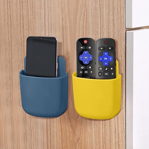 Remote Control Holder, Wall Mount Pen Holder Hole-Free Self Adhesive Phone Charging Organizer Pencil Storage Containers for Home Office School Supply Orgaizer(Blue,Yellow,2Pcs) - color: Blue,Yellow,2Pcs