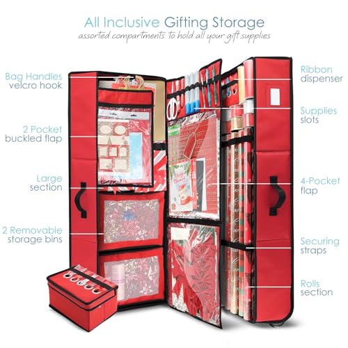 Hearth & Harbor Wrapping Paper Storage Container with Ribbon Dispenser and Interior Pockets - Large Christmas Storage Containers with Wheels, Fits 30 Rolls of 40" Length, Red - color: Red, size: Extra Large