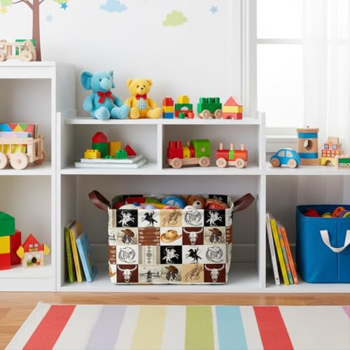 Western Cowboy Storage Basket Waterproof Canvas Toy Storage Bin Western Home Decor Collapsible Outdoor Basket with Leather Handles Western Decor Blanket Baskets For Closets,Bedrooms,Gifts Baskets - color: Western Cowboy