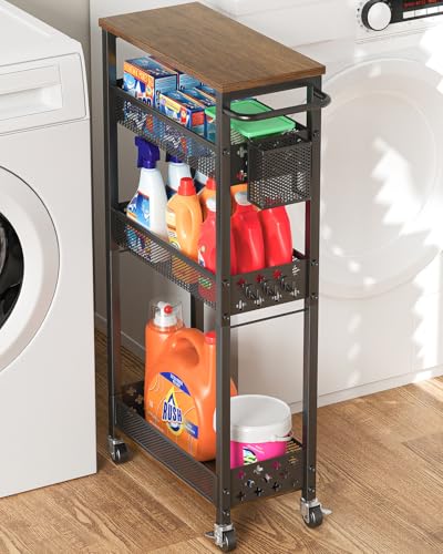 XYZLVSI Slim Storage Cart 4 Tier Laundry Cart with Wheels, Narrow Metal Kitchen Rolling Carts Bathroom Organizers Storage Shelf with Wood Rack and Handle for Small Space - color: Black