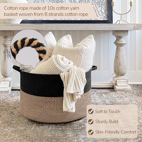 INDRESSME Large Storage Baskets for Organizing, 21.7 x 13.8 Blanket Basket Living Room Dog Toy Bin, Woven Laundry Basket for Dirty Clothes, Pillows, Towel, 90L Mix Black - color: Black & Mix Camel, size: 21.7"D x 13.8"H