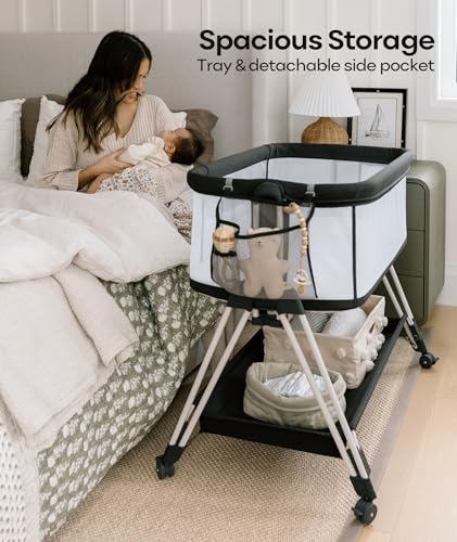 Fodoss Baby Bassinet Bedside Sleeper with Wheels and Storage Tray,4-Sided Mesh Bedside Bassinet for Infant/Newborn,7 Height Adjustable Easy Folding Bedside Crib - color: Dark Grey Tweed