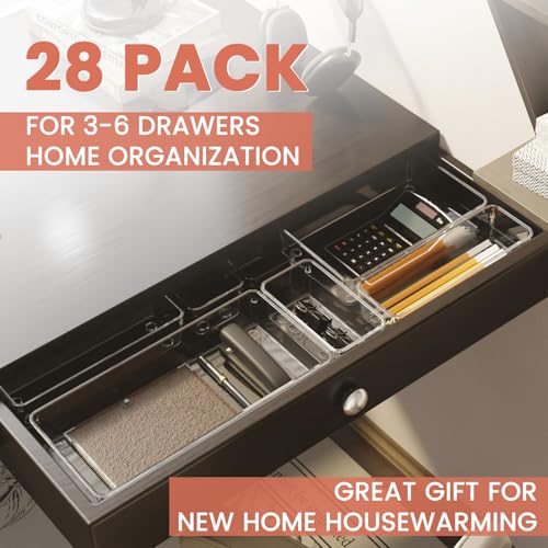 Large Clear Plastic Drawer Organizer 28 Pack - 5 Sizes (XL to small) Acrylic Drawer Organizer Trays for Kitchen Utensils, Gadgets, Bathroom, Vanity and Makeup, Office - Everything Can Be Organized! - size: 28 Pack