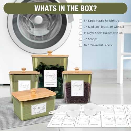 Zingbee 4 Pack Laundry Pods Container & Dryer Sheet Holder, Plastic Pod Holder with Lids & Scoops, Laundry Room Organization and Storage Sets for Powder, Detergent, Scent Booster - color: Clear Green-0