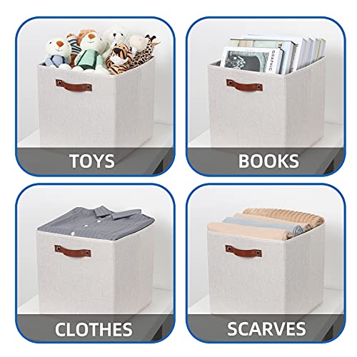 Temary Fabric Storage Cubes Storage Bins with Dual Leather Handles, 4 Pack Cube Baskets 13x13 Foldable Cube Organizers for Shelves, Home, Office, Nursery - color: Beige, size: 13×13×13