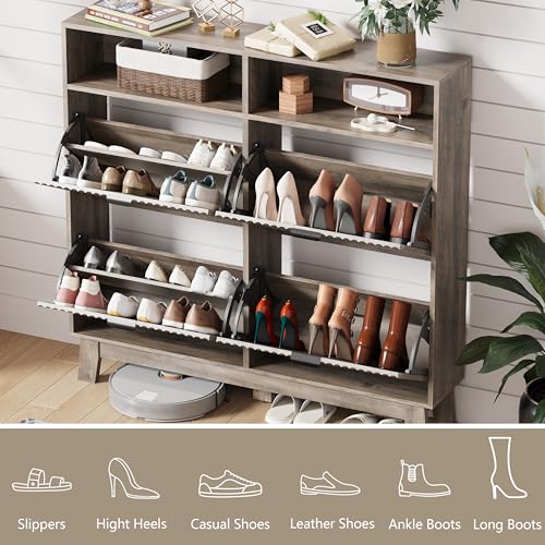 Shoe Cabinet Storage for Entryway with 4 Flip Drawers, Fluted Narrow Shoe Organizer with Wooden Legs & Top Cubby, Freestanding Slim Shoe Storage Hidden Shoe Rack for Front Door Entrance, Grey - color: Grey, size: 4 Drawer with Cubby