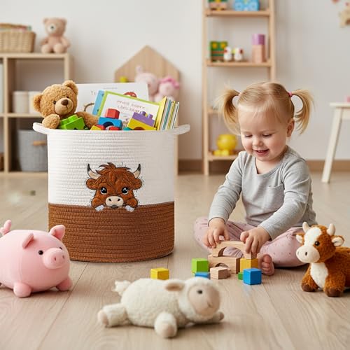 Highland Cow Cute Basket for Nursery, Woven Cotton Rope Storage Basket for Kids, Baby Blanket Organizer with Handles, Storage Basket for Blanket Towel Toys Clothes, Highland Cow Decor, Medium - color: Cow, size: Medium