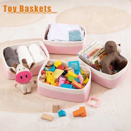 OIAHOMY 4 Pack Storage Baskets for Organizing, Small Bins for Shelves, Cute Decorative Storage Bins, Organizer Baskets for Gifts Empty, 11.8''Lx7.8''Wx4.7''H, Pink/White - color: Pink/White, size: 11.8"*7.8"*4.7"