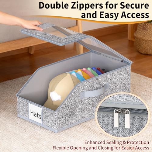 3 Pack Stackable Hat Organizer for Baseball Caps, Hat Storage with Clear Window Lid, Holds up to 45 Ball Cap Storage Organizer, Foldable Hat Box Holder with Cardboard, for Closet Bedroom Shelf(Grey)