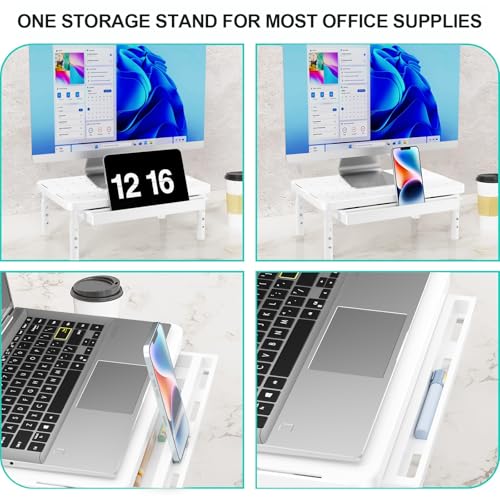 WALI Computer Monitor Stand with Storage, Desk Monitor Riser 3 Height Adjustable, Laptop Riser with Airflow Vents, Desk Organizer for Computer, Laptop, Printer (PTT002-W), 1 Pack, White - color: White, size: with Drawer