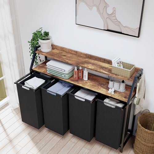 Timberer Laundry Hamper, Laundry Sorter with 4 Section, Rolling Basket with Wheels, 2 Shelves, 4 14.5 Gal, Pull-Out and Removable Oxford Fabric Bags for Laundry Room, Black and Rustic Brown - color: Black + Rustic Brown, size: 4 Bags (54.3"L x 12.9"W x 41