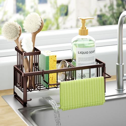 HapiRm Sponge Holder for Kitchen Sink - Self-draining Sink Caddy with Brush and Dishcloth Holders, Stainless Steel Kitchen Organizer for Countertop - Bronze - color: Bronze, size: with Dishcloth Holder