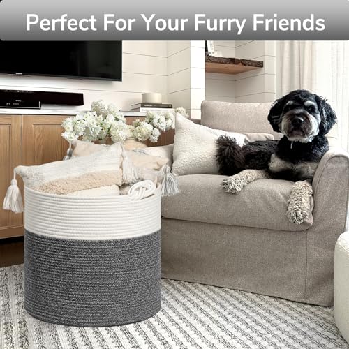 Goodpick Baby Storage Basket, Cotton Rope Laundry Basket for Blankets, Clothes 15 x 14.2 Inches, Nursery Woven Storage Organizing for Toys, Grey - color: Dark Gray, size: 15 × 14.2 inches