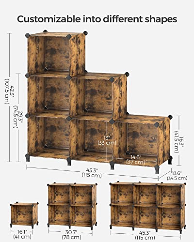 SONGMICS 6 Cube Storage Organizer, Modular Bookshelf, DIY Closet Organizers and Storage, Plastic Stackable Shelves, 14.6 x 13 x 13 Inch Cubes, with Feet and Rubber Mallet, Rustic Brown ULPC206A01 - color: Rustic Brown, size: 14.6”L x 13”W x 13”H