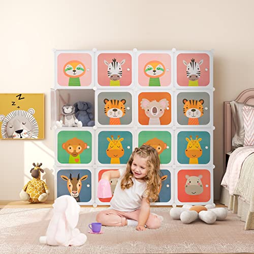 HONEY JOY Kids Wardrobe Closet, Baby Cartoon Clothes Storage Organizer, 8 Cubes & 2 Hanging Sections, Portable Children DIY Modular Bedroom Armoire Dresser Cabinet for Boys Girls (White) - color: White, size: 8-Cube
