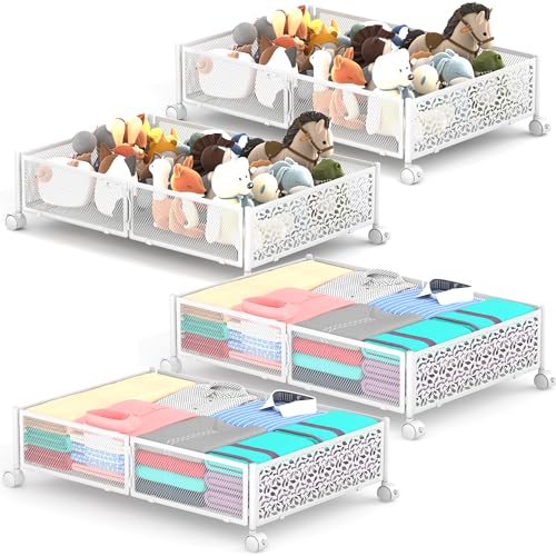 Under Bed Storage With Wheels, 4 Pack Foldable Pattern Carved Metal Under Bed Storage Containers, 60L Rolling Underbed Storage, Easy Assembly Under The Bed Storage for Shoes, Blankets... - color: White, size: 4 Pack