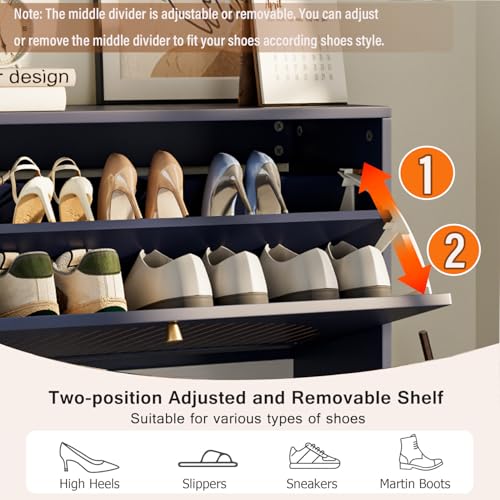 Fsbecl Shoe Storage Cabinet for Entryway with 2 Flip Drawers, Narrow Wood Shoe Cabinet with Fluted Panel, Freestanding Hidden Shoe Organizer for Foyer, Hallway (Blue - with Shelf) - color: Blue - With Shelf