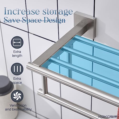 KOKOSIRI Towel Shelf with Double Towel Bars 16 Inches Bathroom Towel Rack Towel Holder Wall Mounted Stainless Steel, Brushed Nickel, B6005BR-L16 - color: Brushed Steel, size: 16 Inch