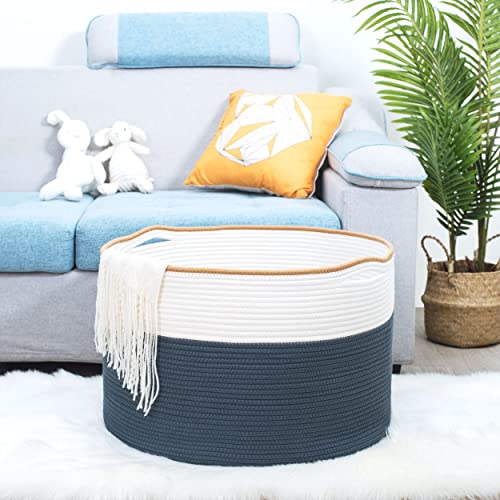 MINTWOOD Design Extra Large 22 x 14 Inches Decorative Woven Cotton Rope Blanket Storage Basket Bin Living Room and Laundry Hamper for Pillows, Pool Towels, Dog Toys, Shoes, Prussian Blue - color: Prussian Blue