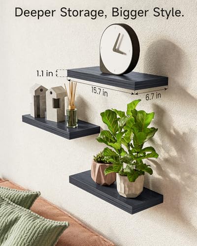 BAYKA Floating Shelves for Wall, Wall Mounted Rustic Wood Shelves for Bathroom, Bedroom, Living Room, Kitchen, Hanging Shelf for Books/Storage/Room Decor with 22lbs Capacity (Black, Set of 3, 15.7in) - color: A. Black - Universal Classic Style, size: 15.7
