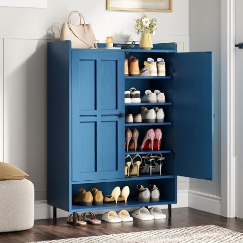 ONBRILL Shoe Cabinet with Cross Molding Doors, 6-Tier Shoe Storage Cabinet with 3 Adjustable Shelves and Metal Legs, 45'' Tall Shoes Rack Organizer Cabinet for Entryway, Front Door, Blue - color: Blue