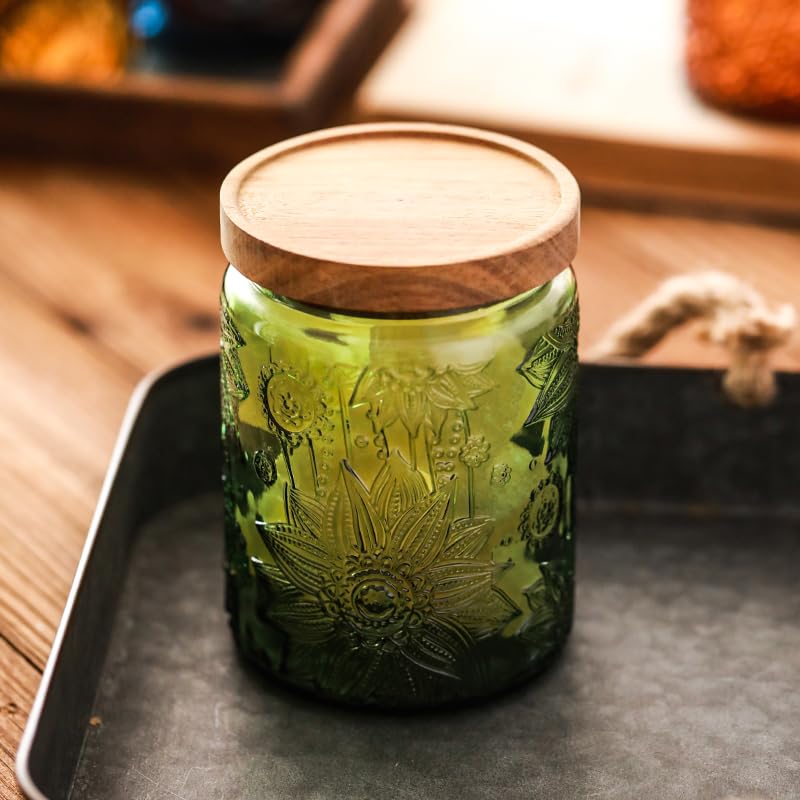 Set of 2 Vintage Glass Jars, Green Glass Storage Jars with Solid Wood Lids (23.7 oz) for Kitchen, Pantry, Candy, Flour, Oatmeal, Coffee Beans, Pet Food, Laundry Detergent, Cute Jar (Green, 2 Pack) - color: Green 2, size: 23.7 Ounces
