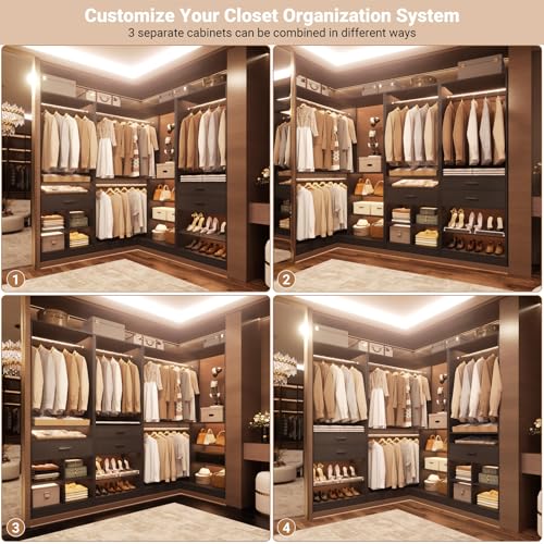 Unikito 86" Corner Closet System, Modular Closets Organizer with 4 Hanging Rods and Storage Shelves, Freestanding Adjustable Wood Clothes Garment Rack with Drawers, Sturdy Walk in Closet Tower, Black - color: Black, size: 86 Inch