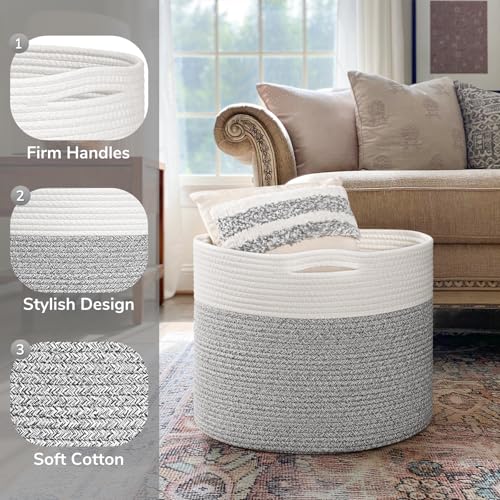 Goodpick Blanket Basket, 15.8"x15.8"x13.8" Woven Rope Basket for Blankets, Kids Toy Storage Organizer Bins, Toy Storage for Nursery, Light & Grey - color: Light Grey, size: 15.8x15.8x13.8 Inch (Pack of 1)
