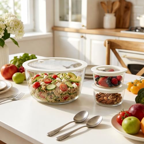 Urban Green Glass Food Container Set with Glass Lid, 3 Pack, Meal Prep Containers with Silicone Airtight Lid, 1 Large Glass Salad Bowl, 2 small dressing containers,Leakproof, 100% Plastic Free - color: White Sand - 3RD
