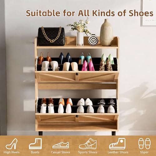 VDNEND Shoe Storage Cabinet for Entryway with 2 Flip Drawers，Narrow Shoe Cabinet with Soild Wood Legs，Freestanding Hidden Shoe Organizer for Foyer, Hallway (1, Natural Oak) - color: Natural Oak