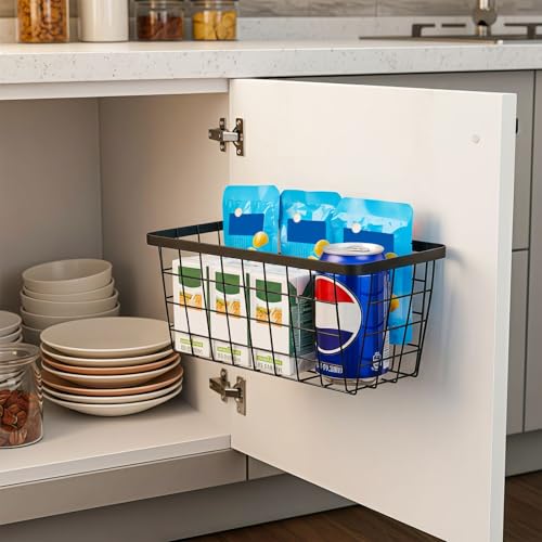 4 set Hanging Wall Basket Organizer,Over the Cabinet Door Wire Baskets for Organizing -Space-Saving Hanging Baskets for Organizing,Wall Mount Storage,No Drilling Adhesive Wall Storage Basket, Black - color: Black-New, size: 4 PACK