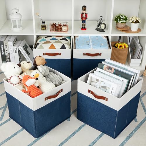 HNZIGE Fabric Storage Cubes Bins for Shelves,13x13 Storage Cubes, Set Of 4 Foldable Cubby Storage Bins for Organizing, Cloth Blue Storage Baskets for Cube Organizer Toy Nursery Shelves(Blue&White) - color: Blue White, size: 13"x13"x13"-4pack