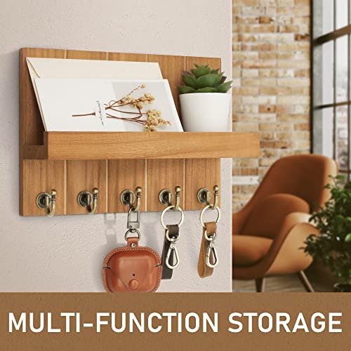Rebee Vision Farmhouse Key Holder for Wall - Decorative Wall Shelf with Key Hooks & Mail Organizer Wall Mount for Apartment Essentials - Rustic Living Room Decor (Light Brown, 3.54"D x 10"W x 7.28"H) - color: Light Brown, size: 10 Inch