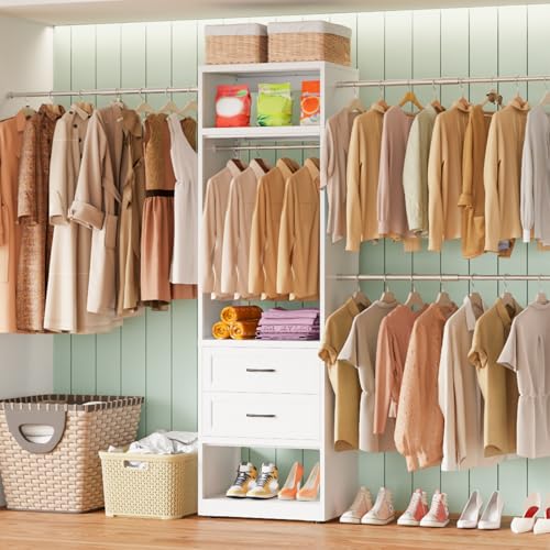 Metal Closet System, 4FT-8FT Closet Organizer System with 4 Expandable Hanging Rods and Metal Tower,79"H Walk in Closet System with 2 Drawers and Shelving,Built in Closet,Wall Mount,White