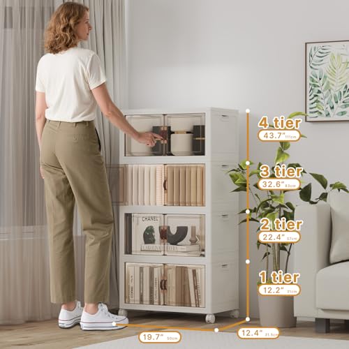 UAMFURI Stackable Storage Bins with Lids 192QT-48QT*4Pack Folding Storage box with Doors and Wheels, Collapsible Plastic Bins Stackable Organizer and Containers for Home, Garage, Office - color: white, size: 4PACK-20"W12"D44"H