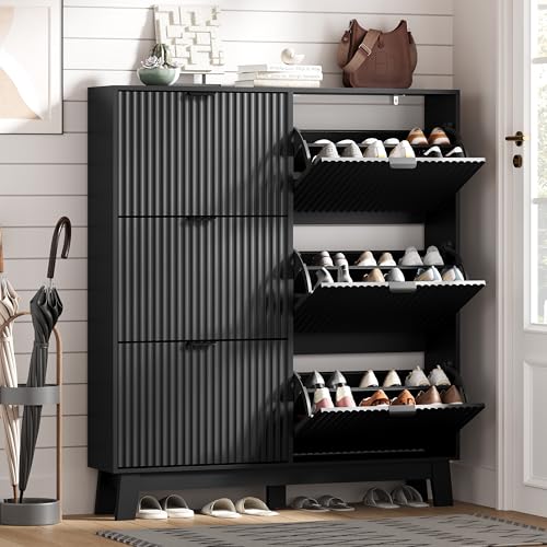 HUANLEGO Shoe Cabinet Storage for Entryway with 6 Flip Drawers, Fluted Narrow Shoe Organizer with Wooden Legs, Freestanding Slim Shoe Storage Hidden Shoe Rack Organizer for Front Door Entrance, Black - color: Black, size: 6 Drawer