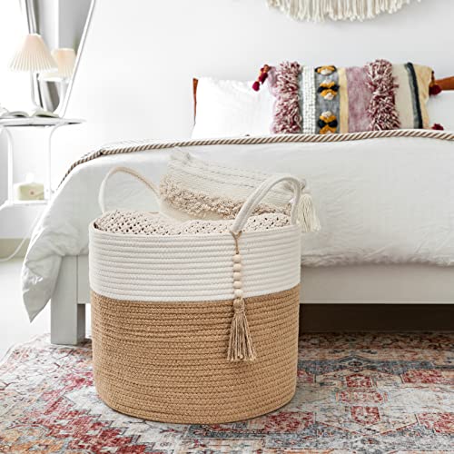 Mkono Woven Storage Basket Decorative Natural Rope Basket Wooden Bead Decoration for Blankets,Toys,Clothes,Shoes,Plant Organizer Bin with Handles Living Room Home, 16" Wx13.8 L, Cream White and Brown - color: Cream White and Brown, size: 16" W × 13.8"L
