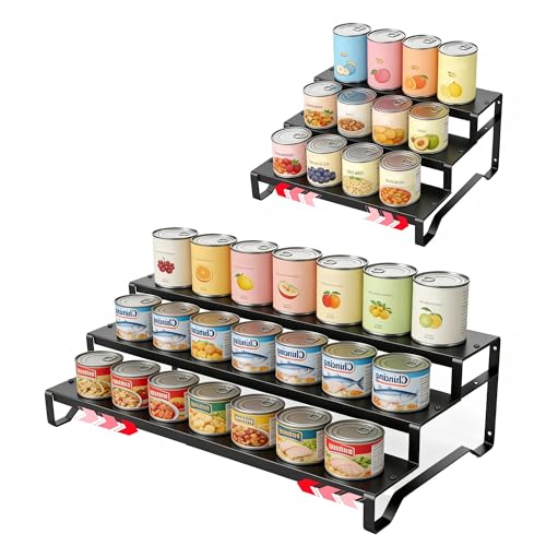 Attelite 3 Tier Expandable Can Rack Organizer for Pantry, Adjustable 13"-21" Metal Soda Can Organizer, Pantry Organization Canned Food Storage Holder for Kitchen Cabinet Countertop, Black 1Pack