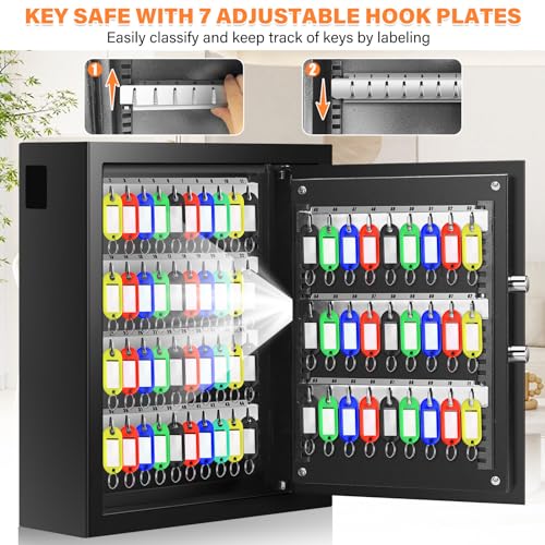 Nebakne 71 Keys Fireproof Key Lock Box, Anti-Theft Key Box Wall Mount with Adjustable Hook Plates, Key Tags and Side Opening, Key Safe Key Cabinet Key Organizer for Home Office Garage Rental Business - size: 71 Keys
