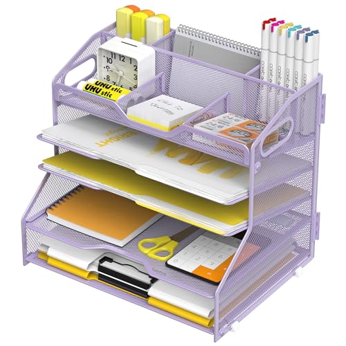YINGHUA 5 Tier Paper Tray Letter Organizer with Top 6 Adjustable Compartments - Paper Sorter Office Desktop Accessories with Handles for Document,Mail,School Supplies Storage,Purple - color: 5 Tier-purple