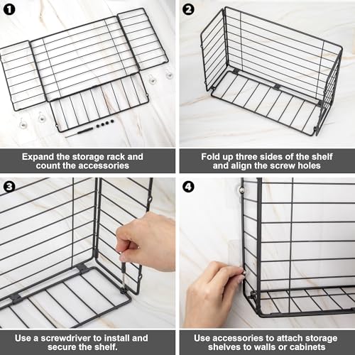 Lonian Wall Mounted Storage Basket, Black Metal Wire Kitchen Wrap Organizer Rack, Heavy Duty Hanging Basket for Cabinet Door, Pantry, Cutting Boards, Foil, and Cleaning Supplies