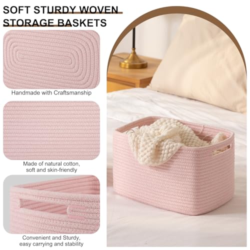 OIASKET Storage Baskets for Organizing, Woven Decorative Baskets for Shelves - Books, Towels, and Clothes, Cotton Rope Toy Storage Bins, 12.7''Lx9''Wx7.8''H, Pack of 4, Pink - color: Pink