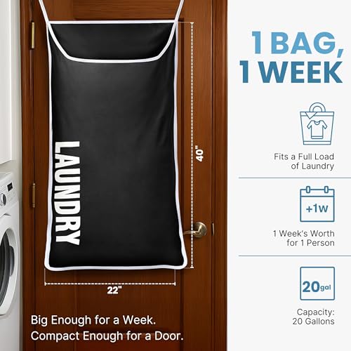 Hanging Laundry Hamper Bag XL 40x22", Space Saving over the Door Storage Bags, Behind the Door Hampers for Dirty Clothes & Wall Mounted Basket for Bathroom, Organizer for Small Room Spaces RV - color: Black, size: 1-Pack