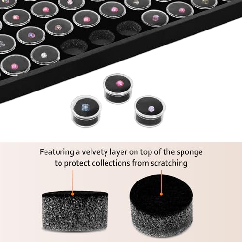 Ikee Design Black Foam Gem Jars Showcase Stackable Display Tray for Collectibles, Home Organization Storage Box with 50 Gemstones and Bead Storage Jars - color: Black Foam/Black Tray (50 Jars)