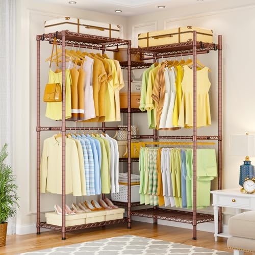 Ulif E4 Clothes Rack, Heavy-Duty Garment Rack, Metal Freestanding Clothing Organization Storage System Can Be L-Shaped with Shelves and Hangers, Max Load 962lbs, 71.6" W x 14.5" D x 79.3" H, Bronze - color: Bronze